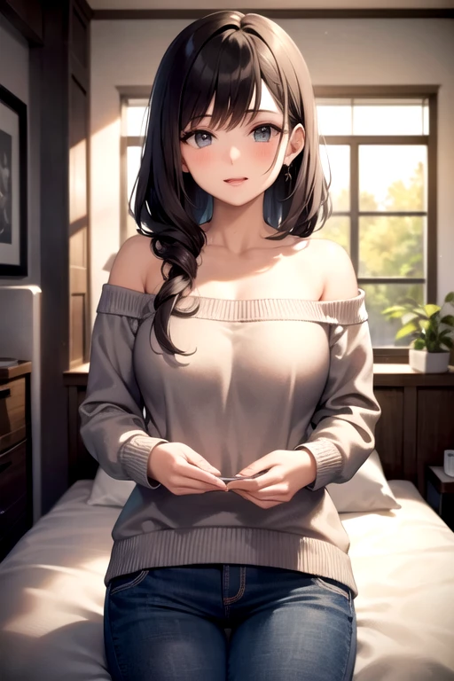 Placing hand on face, movie angle, Real person, RAW Photos, Realistic, Portrait Photography, Shiny skin, Japanese Idols, 25 year old woman with bangedium Hair) and (Brown Hair) and (Brown eyes), Pink off-shoulder blouse, smile, (shy:1.2)、(blush:1.5), The background is the living room、Alone、The upper body is shown