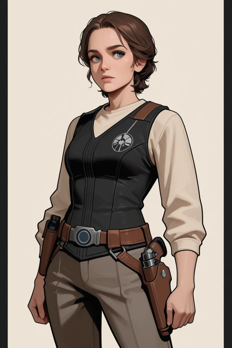 Create portraits of an iconic Star Wars character, depicted in a digital painting or comic-book aesthetic. The portrait should feature muted and soft colors to convey a calm and introspective atmosphere, with even lighting that highlights the characters' faces and figures without harsh shadows. The background should be neutral or plain (e.g., light beige or white) to keep the focus on the character. Character should be central in the composition, positioned directly and frontally, with a simple and clear layout emphasizing their facial features and iconic Star Wars looks. Incorporate geometric designs for added stylization, following Star Wars lore. The style should resemble the example provided: illustrative, featuring bold lines, clean shapes, subtle textures, and a balanced, well-thought-out design. The character is: man Han Solo: Rugged features with tousled brown hair. Wearing a cream-colored shirt and black vest with a brown holster belt. Holding a DL-44 blaster and exuding roguish charm.