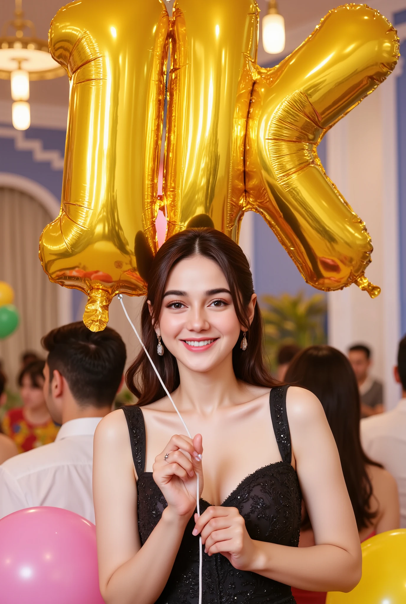 Argentinian girl with bangs celebrating her birthday holding a balloon in the shape of the text written "1k friends" in formal dress