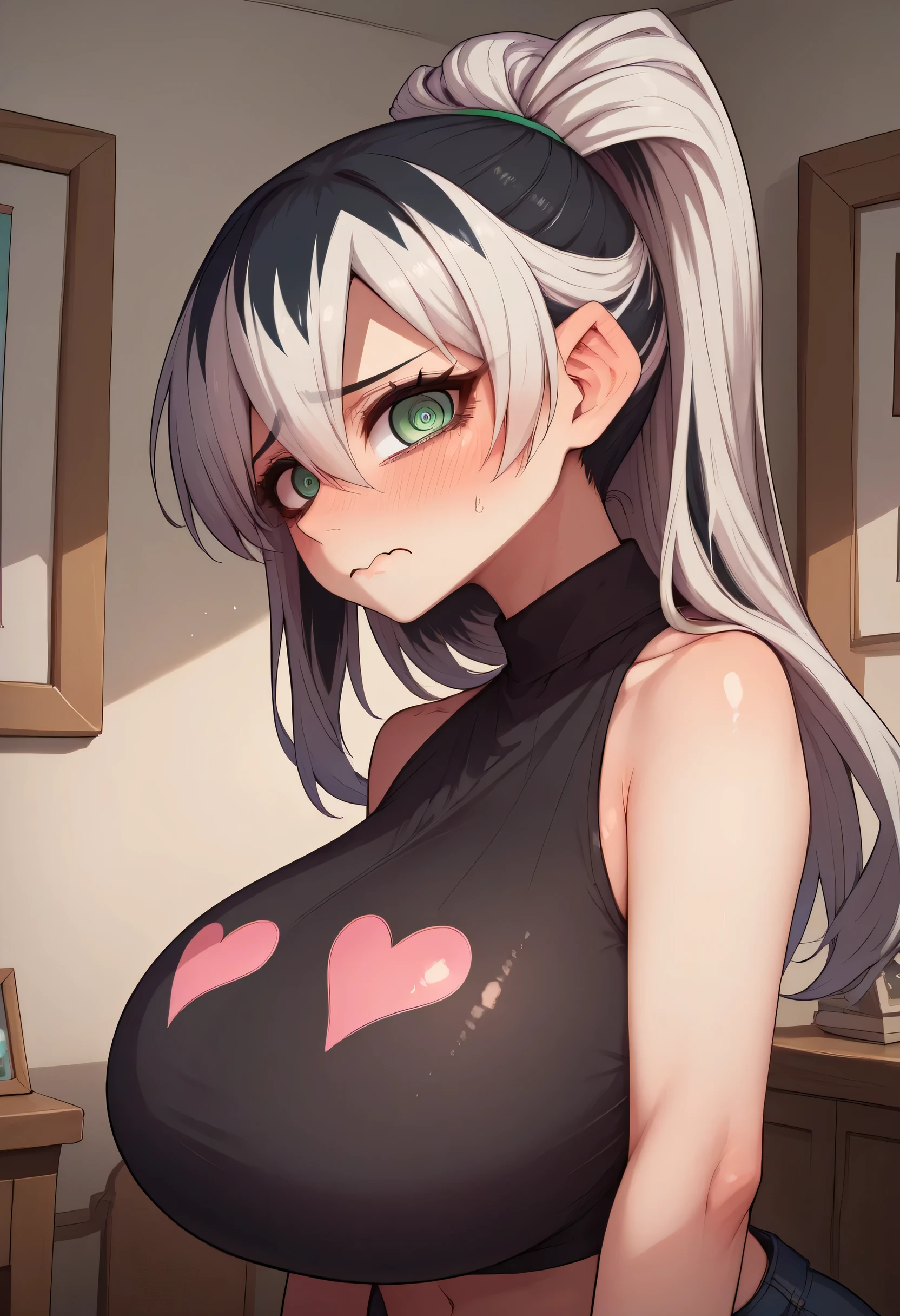 1girl,heart-shaped pupils,fingernails,hands on own face,white hair,purple eyes,(blush:1.1),choker,upper body,trembling,sweat,sweatdrop,heart,(speed lines:1.1),medium breasts, ((heavy breathing:1.3)), love, heart, crop top, happy, smile