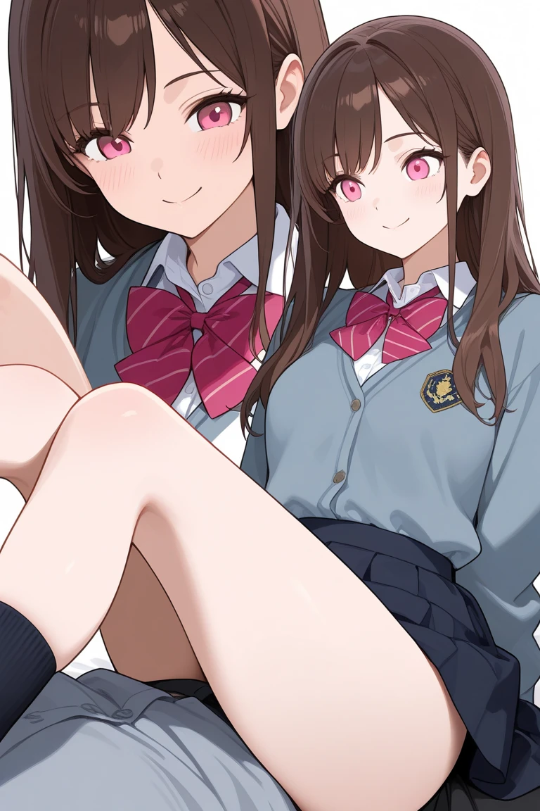 sex, The other person visibly, 10 years, school clothes, brown hair, piel clara, realista, con el pelo largo pegado en un lazo rojo, ojos marrones claros, Piel humana realista, Imagen infantil real,