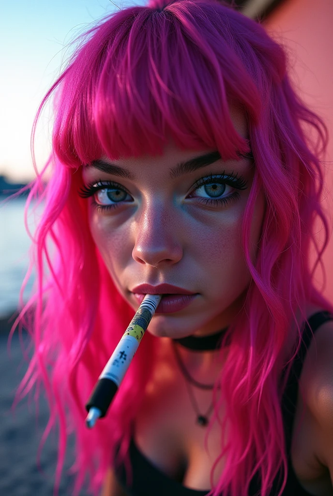 Very beautiful adult woman blue hair 28 years old green eyes smoking weed smoking skank 4k quality photo herbs black weed hot for tattoo