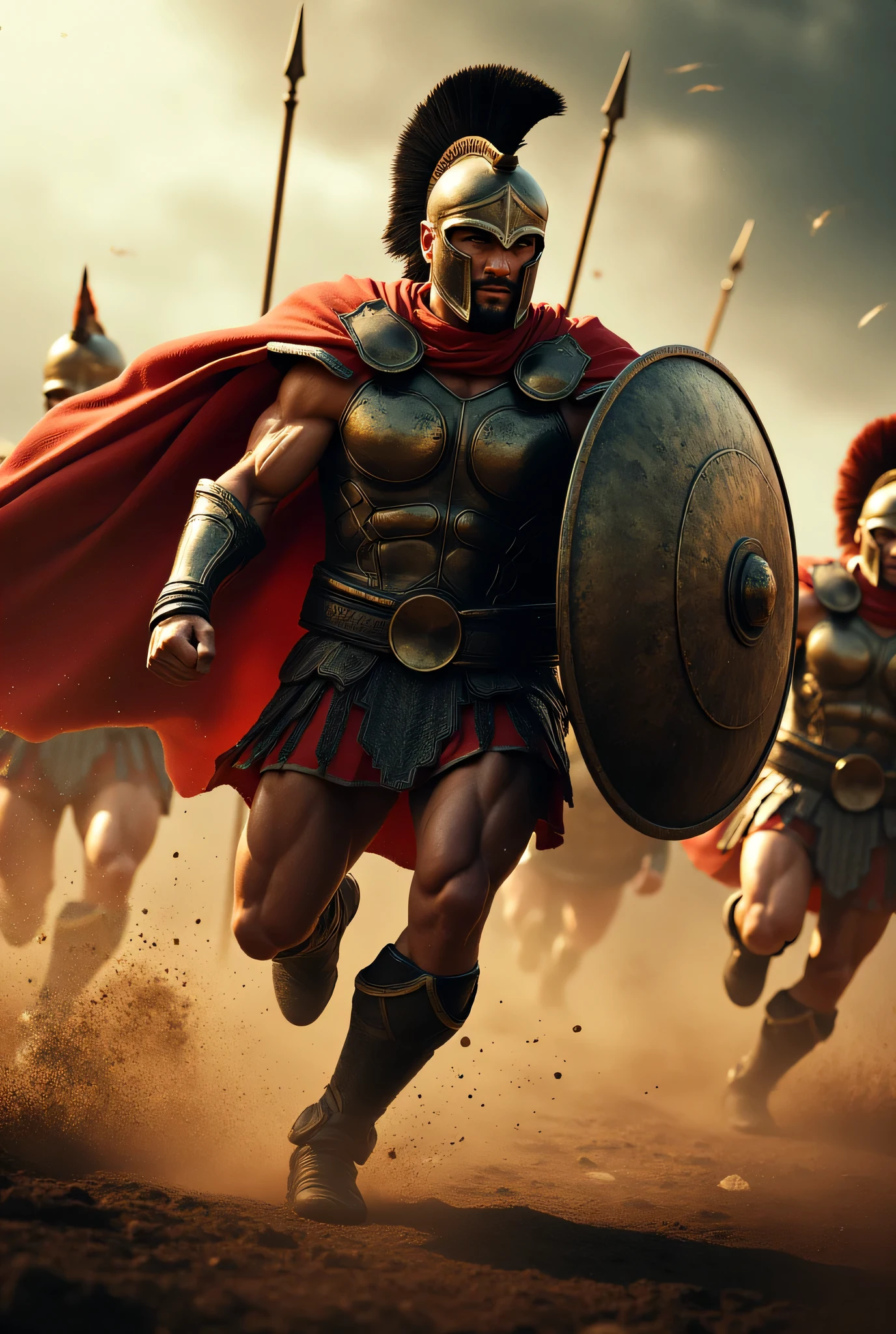 **Prompt:** Imagine a hyperrealistic scene set during the Archaic prehistoric Greek antiquity era, featuring a fierce sprinting Spartan king, a hoplite warrior with a perfectly athletic and muscular physique. He is leading his towering unit of charging sprint Spartan spear warriors, all donned in meticulously crafted bronze armor. The scene captures them dynamically intense sprinting resolutely into the battleground, with stormy weather swirling in the background, conveying a sense of impending conflict. The king’s face, intricately handsome and strong, subtly blends features reminiscent of renowned actors like Tom Cruise, Tom Hardy, and Gerard Butler, adding a modern heroic allure. The warriors grip their bronze shields and pointing spears firmly, flowing red capes and their dynamic movement mirrored in the stormy atmosphere. This wide-angle shot emphasizes depth and detail, using advanced rendering techniques to achieve ultra-realistic textures and lighting. The composition balances the fierce expression of the main character with the unified force of the charging Spartan warriors behind him, showcasing the artistry of digital rendering through platforms like Unreal Engine 5 and heightened by the best photography principles. Capture this monumental clash of history and artistry in a final image that resonates with intensity and captures the viewer's imagination.