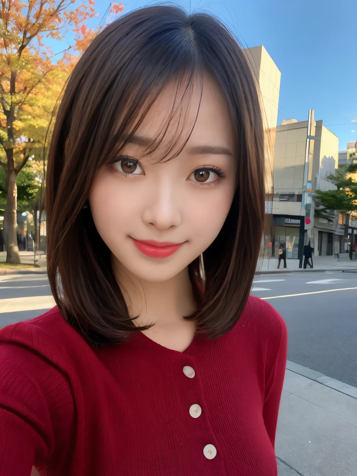 She looks happy when she sees this、Under the autumn sky、Red Sweater、masutepiece, Best Quality, Illustration, Ultra-detailed, finely detail, hight resolution, 8K Wallpaper, Perfect dynamic composition, Beautiful detailed eyes,Short bob hair,Small breasts natural color lip, Bold sexy poses,Smile,Shibuya、a 18 year old girl、Cute、Subject looking at sexy pose on camera