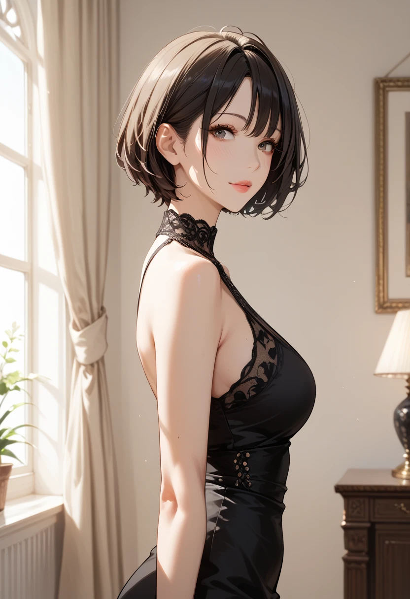 highest quality, detailed face, fine eyes, High resolution, 1 girl, middle chest, smile, Formal suit (attractive, puffy eyes:1.2), excellent anatomy, looking at the viewer, soft focus, golden hour lighting, Depth of the bounds written, happy expression, short cut hair, barefoot, Cat ear, Office Night