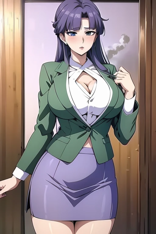 fujino ninno, green_smoke hair,wearing a lavender suit, skirt, white blouse,high quality,4k,