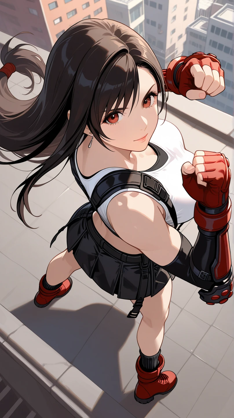 (((((tifa lockhart,Final Fantasy 7:1.5))))),((Highest quality、masterpiece、anime style、best quality、high resolution、8k、detailed、ultra-detailed:1.3))、Long legs:1.2, Beautiful woman with perfect figure:1.4、(Smiling:1.2), double eyelid、30-year-old female、((((One Woman,beautiful face,Beautiful face、Outdoor,upper body:1.5)))),Big Breasts、High resolution, accurate, Anatomically correct, High-resolution model, high quality, Very detailed, Ultra high definition、Black Hair、Straight Hair、Long Hair,Red open finger gloves,(Uplifting、action、contrapposto pose、dynamic、dynamicポーズ、dynamic motion:1.5)、(((speed lines、action lines:、movement,dynamism 1.5)))