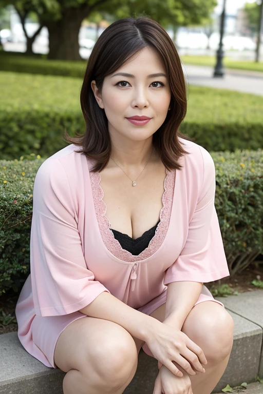 Japanese Garden,bra、highest quality,Japanese ,Realistic characters, figure, Super detailed, finely, High resolution, Detailed and beautiful eyes,Ridiculous Underwear, Center of chest, Natural color lip, Sexy pose,smile、40 year old girl,Short Hair 、Cowboy Shortcuts