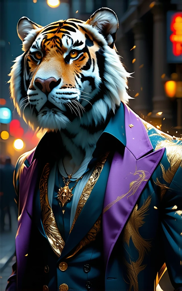 ((realistic)), ((detailed)), illustration, scene perspective (urban setting), character appearance (tiger-headed and humanoid body wearing a sleek overcoat, gold chains, and rings while smoking a cigar amidst a rainy night with an imposing air), background elements (wet streets reflecting the city lights, neon signs and buildings in the background).