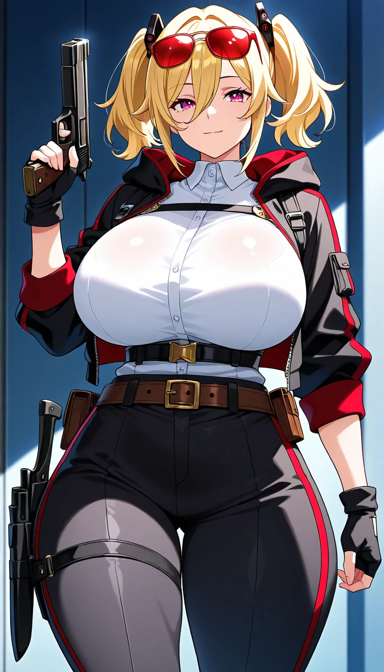 Huge perfect breasts excellent round fully reinforced、Perfectly placed and detailed parts、Do not show skin、Perfect physique、Super Giant Giant Lady、Red Combat Suit、a miniskirt、Red spats、Black long boots、Yellow round brooch on the chest４pieces、Yellow muffler fluttering in the wind、Green eyes、Short-cut blonde hair、red hairband、Laser Gun、Smile softly、