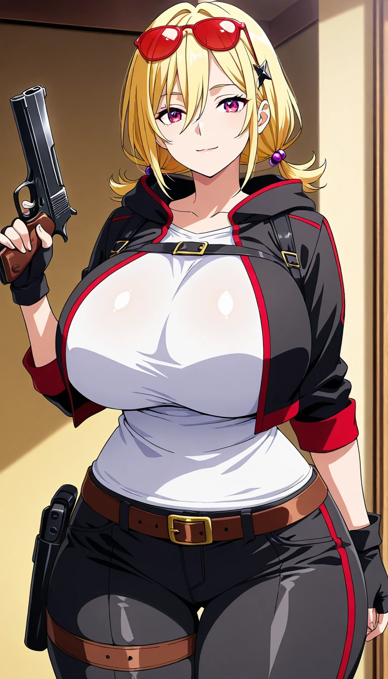 yukino, long hair, blush, lipstick, jewelry, earrings, tattoo, Hot girl, baddie, staring, glaring, bad attitude, mean girl, dare, angry, hate, crazy, smoking, sensual, attractive, , blush, lipstick, masterpiece, best quality, ((unbuttoned , cleavage, necklace, earrings, sexy body,
breasts)) , micro skirt, smiling, navel , exposed belly, exposed navel,school,knot,
classroom , holding a gun, hold a gun