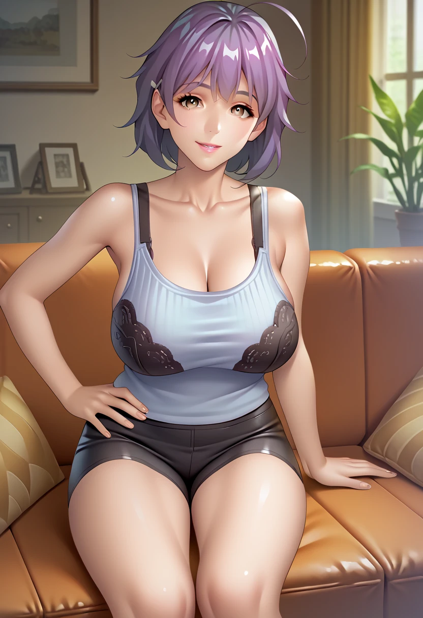 best quality, (masterpiece),(ultra-detailed), (high quality), (high resolution), (2heads:1.5) blue hair, (((having tan brown skin color))), (((both heads have blue hair))) (larger breasts), wearing glasses. cleavage, full body,best quality:1.5, highres, UHD, 4K), smiling, ((blue sweater over a white tank top)), ((wearing shorts)), ((full body)), (mature woman), casual dress, ((violet eyes)), sexy proportions,, thighs, Beautiful girl with accentuated slender abs