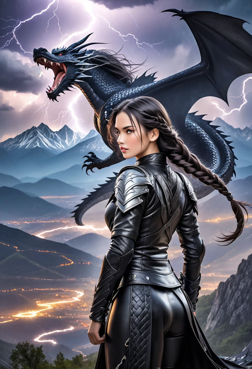 a woman dressed in black and a dragon on a snowy day, cyborg dragon, karol behind uhd, detailed fantasy digital art, great digital art with details, highly detailed fantasy art, Trends in digital fantasy art., detailed fantasy art, beautiful digital artwork, 4K fantasy art, Highly detailed 4k digital art, hyperrealistic fantasy art