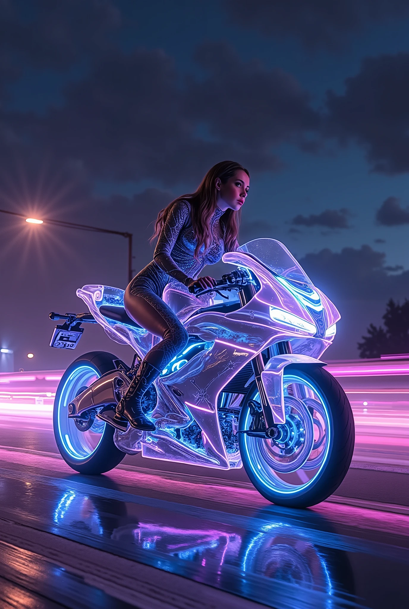 🌟8K UHD hyperrealistic, Divine Cyber-Aesthetics, neon-durchflutetes Hybrid-Lighting
🌌Transzendente Rennstrecke:
-Road Made of Floating Onyx (Plasma Veins Visible Beneath)
-Himmel: Morphing Between Day/Nacht (time-lapse effect)
-Side Stripes: Kristalline Wachposten-Statuen
😈Technogöttin (ageless):
-Seat Position: Lounge-Like on Machine ( one leg )
-Bekleidung:
•Holographic Catsuit (Switches Between Transparency/Opacity)
•Stiletto Boots with Antigrav Soles
•Hair: Liquid Metal Braid (Constantly Reshapes)
🛵Motorrad ("Divine Rider X9000"): Glass-like texture+Flowing lines of light,Use a semi-transparent design, around a stunning futuristic object
-Chassis: 80% transparent (sichtbar:
•Bio-Mechanical Engine (Beating Heart as Spark Plug)
•Plasma lines instead of wiring harnesses
•Floating gears in the transmission
-Tires: Glowing Treads (kein Gummi)
🔥Holy Dynamics:
-Ihre Hand: Petishes Tank Like a Pet (Creates Shimmer Waves)
-Blick: Bored Omnipotence (Looking Over the Horizon)
-Umgebung: Asphalt Tremble at Idle