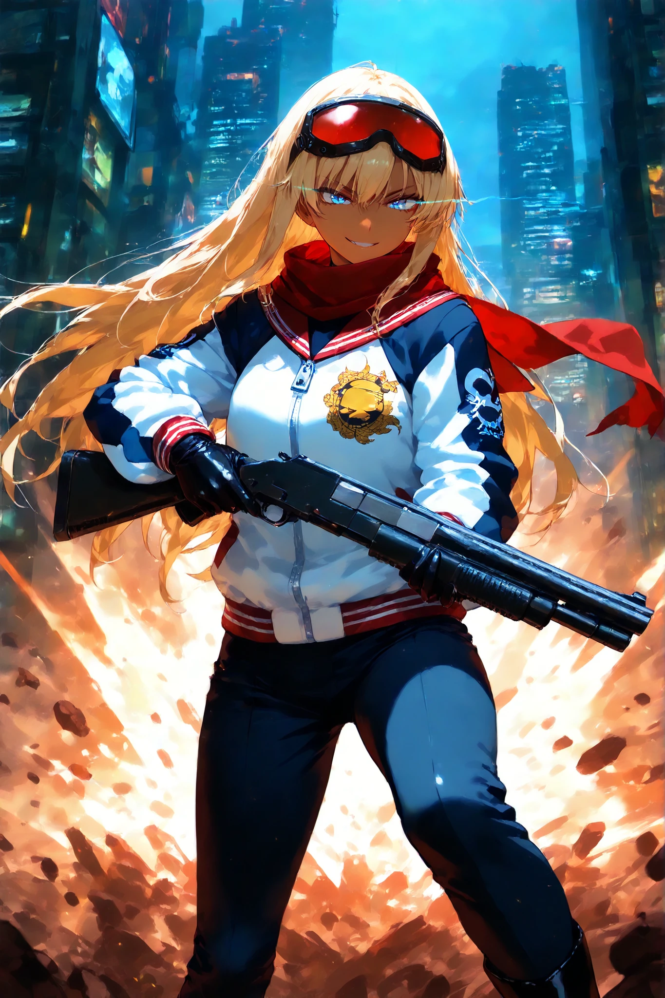 score_9, score_8_up, score_7_up, score_6_up, score_5_up, score_4_up,anime artwork masterpiece,best quality, unreal engine, ultra res, extremely detailed, One Girl,blonde hair,long hair,blue eyes,glowing eye trail,tan skin,biker goggles on head,black sailor suit,Red sailor scarf,black combat pants,oversized sukajan,blue and white sukajan,Rolling up sleeves,red and black biker gloves,red and black biker boots,tsurime,evil smile,holding shotgun,shoot,battle sean, Cyberpunk Backgrounds, solo, alone