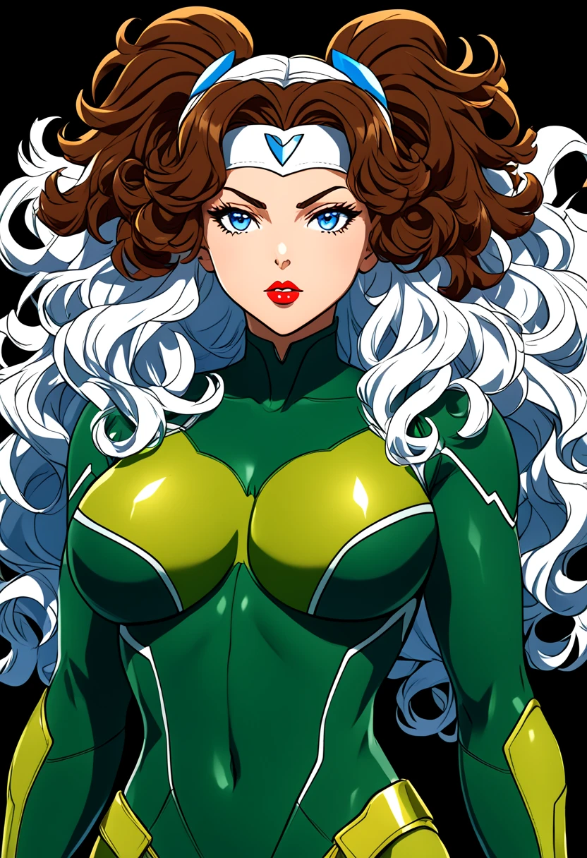 screenshot my hero academia, very beautiful woman, long wavy hair, light green hair, light blue eyes, wearing a short light blue hero suit, holding an ice scepter, full body, angry, fighting with villains , manga style, my hero academia style, ice background, manga panel