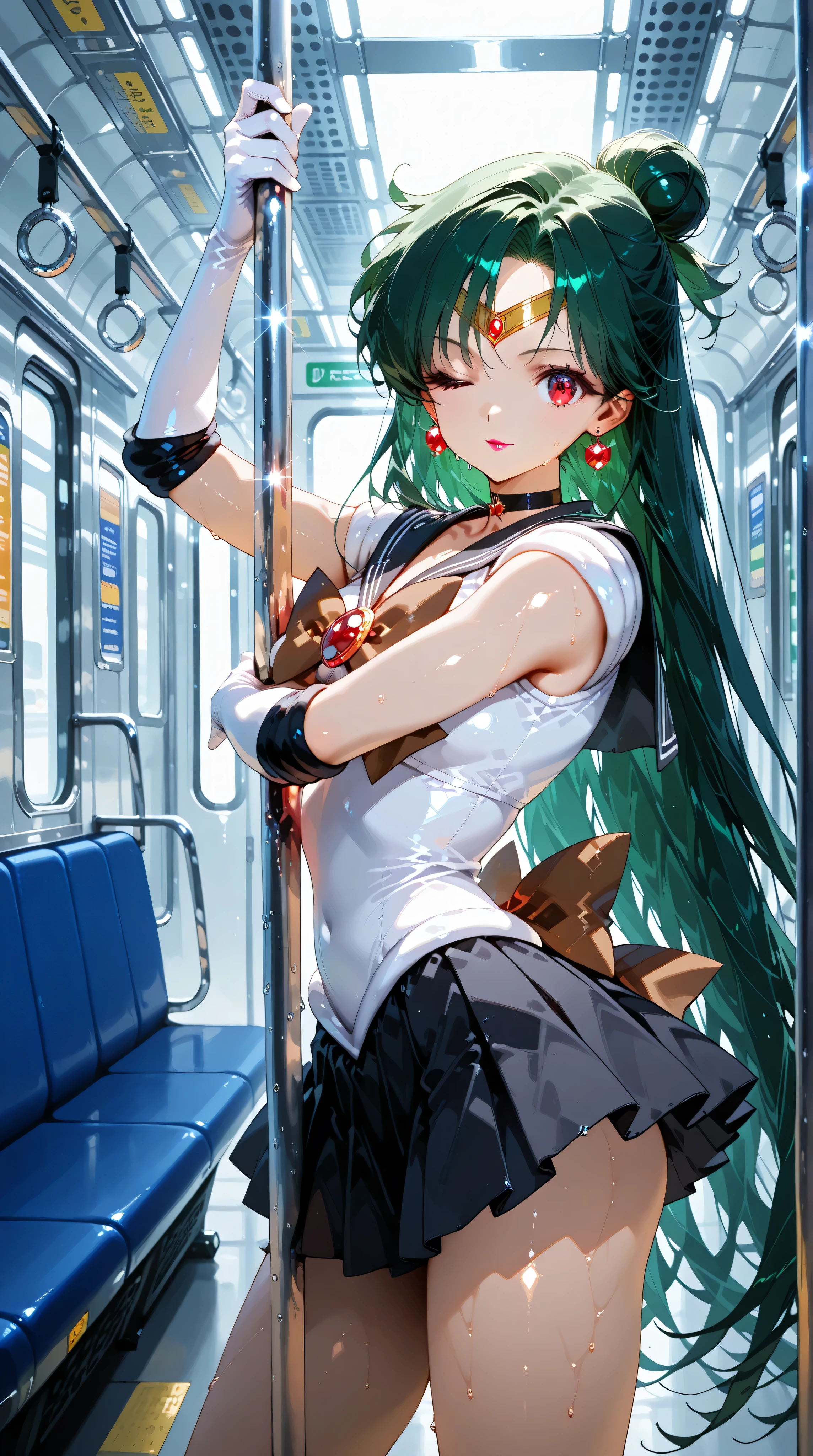 sagawa,Masterpiece, solo, 1girl, female focus, dynamic pose, subway wagon, ultra detailed wagon, pole dance, sweaty, wink, SFW, fractal light, setsuna meiou, long hair, red eyes, very long hair, green hair, hair bun, single hair bun, maeup, lipstick, skirt, gloves, bow, jewelry, pleated skirt, earrings, choker, elbow gloves, white gloves, black skirt, sailor collar, black choker, magical girl, black sailor collar, circlet, back bow, sailor senshi uniform, brown bow