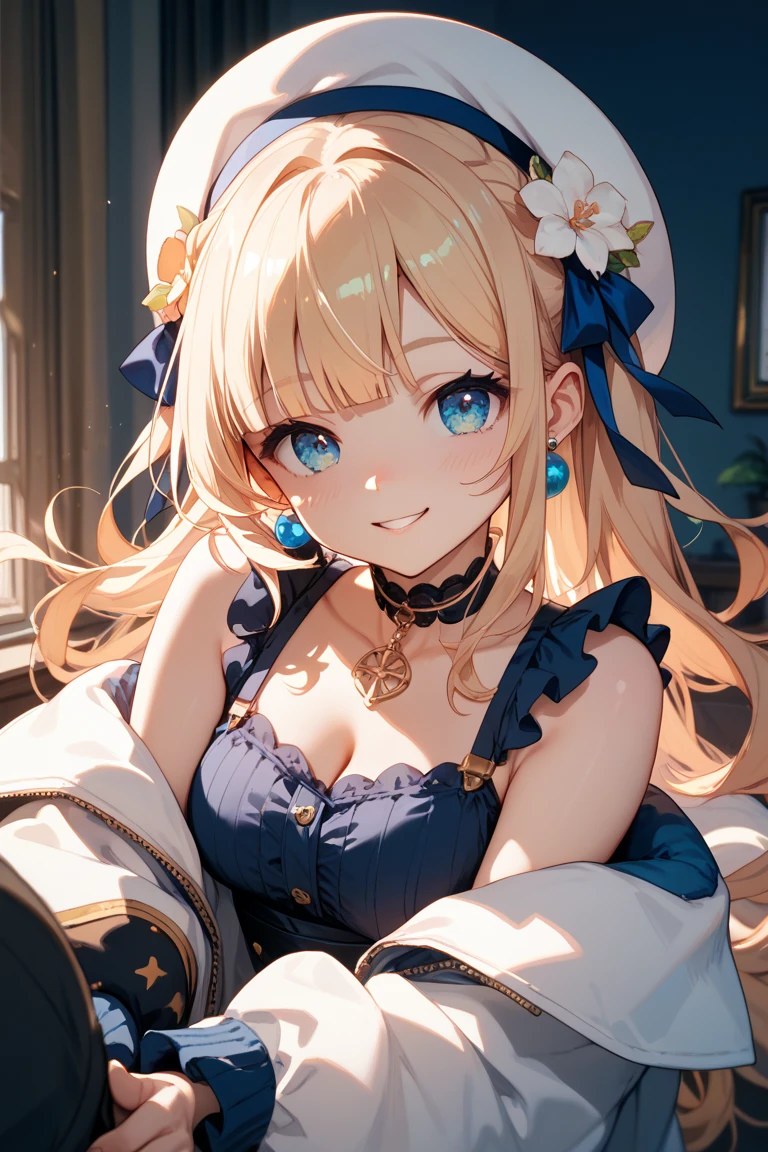 8ｋ、MASTERPIECE、maximum quality、High res、solo、、blond hair、blue eye、Sheer maid clothes、Underwear is showing through、cutest、Half-up ponytail、medium chest、Breast cleavage、slender、shyness、Blush、Constriction、upper half body、garterbelt、Standing、In the bedroom、Smiling、Blue scrunchie、embroidery、