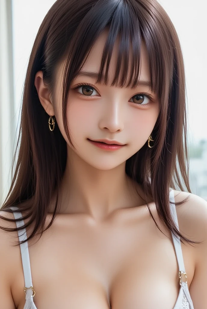 ((masterpiece, Highest quality, High resolution、Everything is beautifully detailed)), 1 girl, (Realistic: 1.4), alone, White Background, snow-White Background, Mouth closed, smile, smile, Beautiful black hair, short hair, Big eyes, Transparent double eyelids, eyelash, Listen carefully, Long neck, 美しくLong neck, Absolute area, ((Face close-up)), (Draw the whole head, shoulder), 19 years old, Attractive proportions, Glowing Skin, Beautiful clavicle, Golden ratio face, Perfect Face, Teardrop-shaped mole, chestのほくろ, bangs, clean bangs, beautiful bangs, Lip gloss, Thin lips, Fair skin, ?????, Big Breasts, {Huge|big|Hugeな|Mega} chest, chestの谷間,Small face, Small face, All the heads are painted, shoulder all drawn, Point slightly above the camera