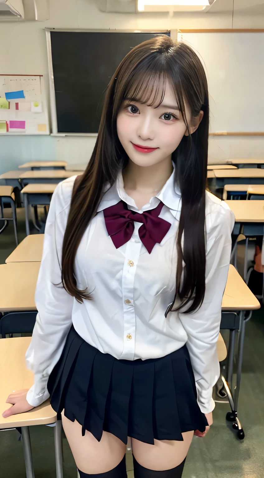 ((masterpiece, Highest quality)),Best aesthetics,One girl, , machine, Sitting, school machine, Black hair straight, classroom, Long Hair, indoor, Chair, View your viewers, :p, Focus Only, Brown eyes, mini skirt, Long sleeve, pencil, 1 boy, pencil case, paper, Seraph of the Black, Multiple Girls, Pleated skirt, Sailor collar, bangs, Headrest, school bag, school Chair,smile,(pussy:1.4),Knee-high socks