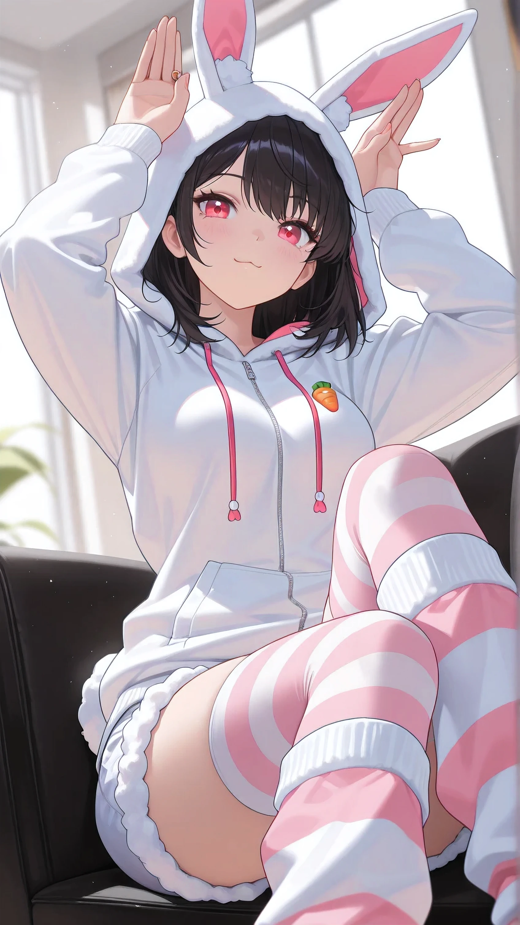 ((detailed eyes)),((correct_anatomy)),((high_quality)), ((Super_Detailed)), ((Best Quality)),((score_9, source_anime)),((fix hands)),((fix fingers)), solo, 1girl, medium hair, medium breasts, :3, ((bunny ear hoodie, fluffy clothes, long hoodie, hood on, fluffy shorts)), striped thighhighs, striped leg warmers, living room, sitting, (rabbit pose), (beautiful eyes, detailed eyes:1.2),(4k,8k,Ultra HD),(Masterpiece:1.2),(Best quality:1.2),(Detailed:1.5),(Detailed background:1.5),character focus,depth of field,(Sharp Focus),contrast,(glittered fabric),cinematic lighting , cinematic angle, soft light , color detail, backlighting, long exposure, light steps, intricate colors, vibrant colors,(ultra-detailed),(detailed beautiful face and eyes),(super detailed skin),(super detailed background),(intricate details),(glitter_outfit),(Depth of field),(HD quality:1.2),(contrast),(high saturation),(sharpness),(bloom:1.2), beautiful composition, ultra aesthetic anime,