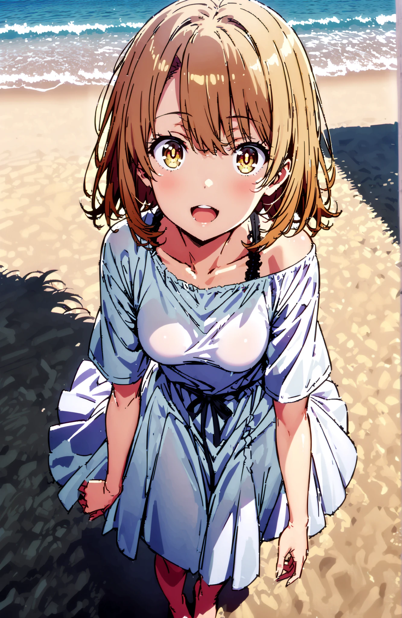 score_9, score_8_up, score_7_up, source_anime,
Irohaisshiki, Isshiki Iroha , short hair, brown hair, brown eyes,Medium breast, White Off Shoulder Dress,smile,cover,open your mouth,Short sleeve, white long skirt,bare feet,are walking,morning,full bodyがillustrationsに入るように,break outdoors,strand, sandy beach,
break looking at viewer,full body,
break (masterpiece:1.2), Best Quality, high resolution, Unity 8k 壁紙, (illustrations:0.8), (beautiful detailed eyes:1.6), very detailed face, perfect lighting on the table, Extremely Detailed CG, (perfect hand, perfect anatomy),
