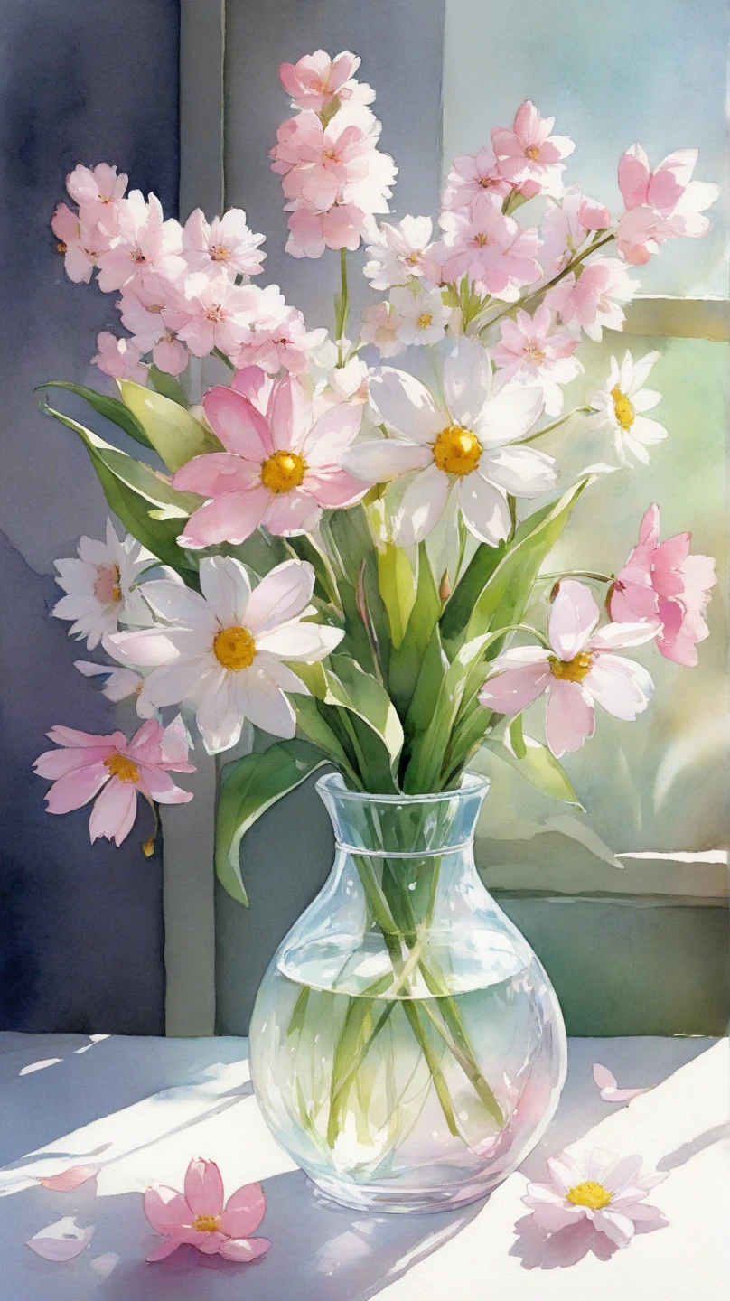 A watercolor painting of a simple glass vase holding seasonal flowers like cherry blossoms, daisies, and tulips. The petals are rendered in translucent washes of color, with loose brushwork that captures their delicate nature.