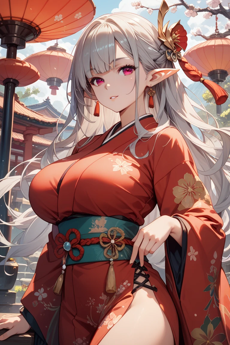 Kimono, huge tits, busty, silver hair, elf ears, beauty mark under eyes, blue eyes, long hair, intrincate details, detailed, masterpiece, best quality, 4K, HDR, shrine, gothic building, upperbody,, smile, open mouth
