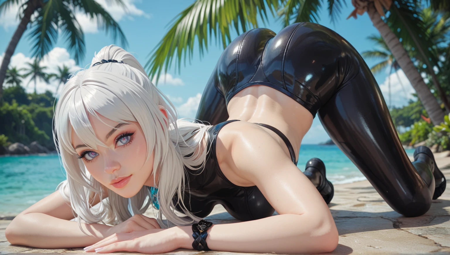 in black swimsuit, with white hair, blue colored eyes, laying on the floor, in a sensual way