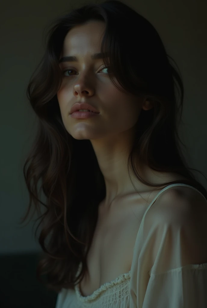 fotografia de retrato de filme, 1 half nude girl, bareshoulders, visible nipples, cabelos ondulados na altura dos ombros, sereno, calmo, (olhos realistas detalhados, textura natural da pele, detalhes realistas do rosto), soft dramatic lighting, profundidade de campo, Bokeh, detalhes vibrantes, finamente detalhado, hiper-realista, Filme 35mm, desfoque nebuloso, Filmg,