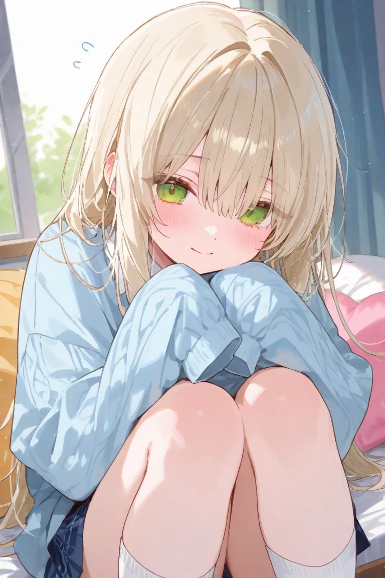 (best quality),1girl,foot focus, full body, looking at viewer, living room, rain, pale skin, blonde hair, short hair, blue eyes, pajamas, feet up, nsfw, seductive smile, , clothes lift, footjob,