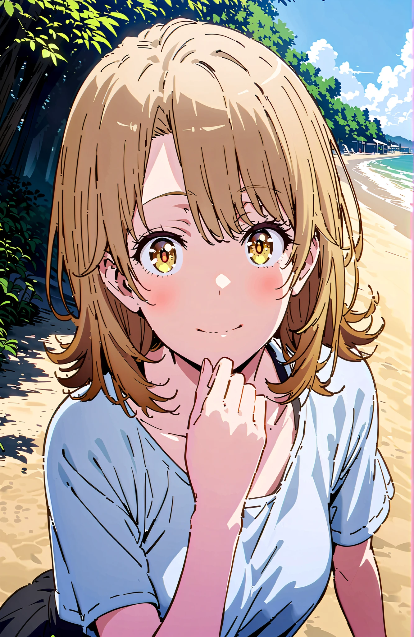 (Highest quality、masterpiece:1.2)lovelive、Yellow-brown hair、Bobcut、short hair、ワンレングスBobcut、Asymmetrical bangs、Long left hair、Red Eye、Kasumi Nakasu、One Girl、alone、anime、animeScreencap、Ray Tracing、Global Illumination、ultra hi resolution picture、Bright colors、Cinematic Light、Lens flare、Light on the face、Glowing Eyes、Depth of written boundary、Detailed Background、cute、Straight、smile、looking at the camera、Outdoor、Ocean、Sandy Beach、whole body、Yellow Bikini