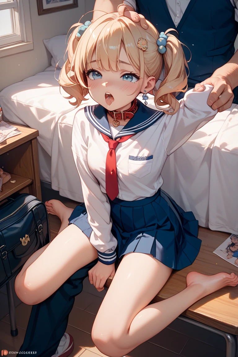 ((Dark blue socks))　Put your hands on your knees　((Brown loafers)a blond、((White panties are visible))(Squatting panty shots)二重まぶた　Lashes　beatiful detailed eyes、ultra-detailliert、hight resolution、Transcendent beauty　top-quality、​masterpiece、、(Japanese girls' high school uniform))、Very detailed expression　 school classrooms　Highly detailed appearance　21 year old girl、front facing、((dynamicposes)))、(Sitting on legs with bent knees))、pleatedskirt、Ribbon 1,2 Sexy Upper Eyes　A slight smil　low angles