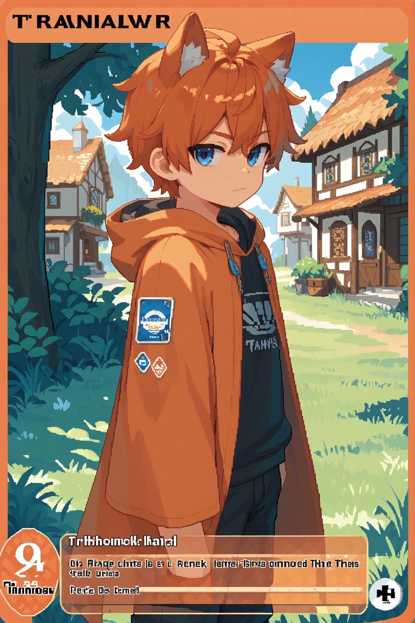 score_9, score_8_up, score_7_up, source_anime, solo, pixel art, tr4dingcard, card (medium), english_text, N, trading_card, white_trade_card_frames, kemonomimi, 1boy, solo, young boy BREAK 

Fox hood, orange hair, short hair, blue eyes BREAK 

Orange cloak, hood down, torn cloak BREAK 

Standing, looking at viewer, closed mouth, outdoors, (village town), trees, grass, daytime BREAK