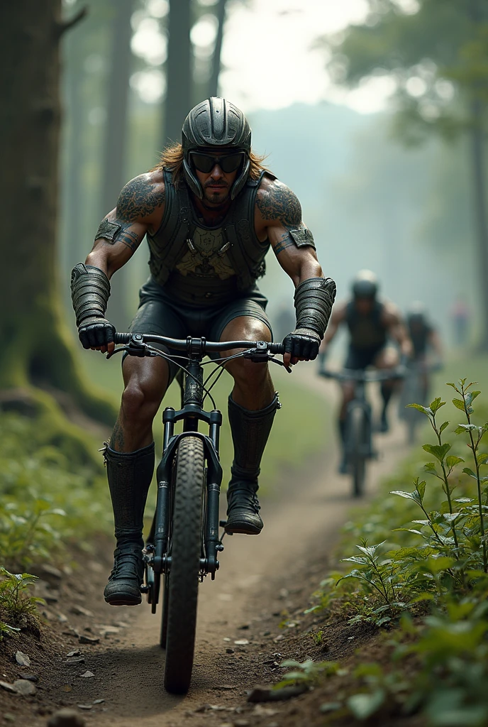 Create an image of Tarzan riding a Bera motorcycle, doing a motorcycle stunt in the jungle with a knife in his hand