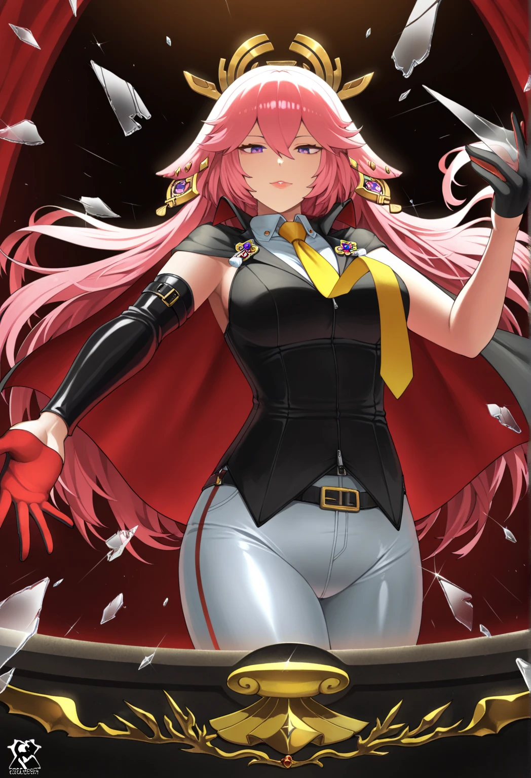 score_9, score_8_up, score_7_up, score_6_up, source_anime, koyanmixpdxl, 1girl, solo, winking <lora:Koyanskaya_PDXL:0.8>,koyancircus, glasses, very long hair, pink hair, yellow eyes, pink fox ears, pink fox tail, animal ears, fox girl, top hat, japanese clothes, off-shoulder, tassels, gold corset, red top, striped trim, black pencil skirt, mismatched legwear, thigh high boot, cleavage, whip