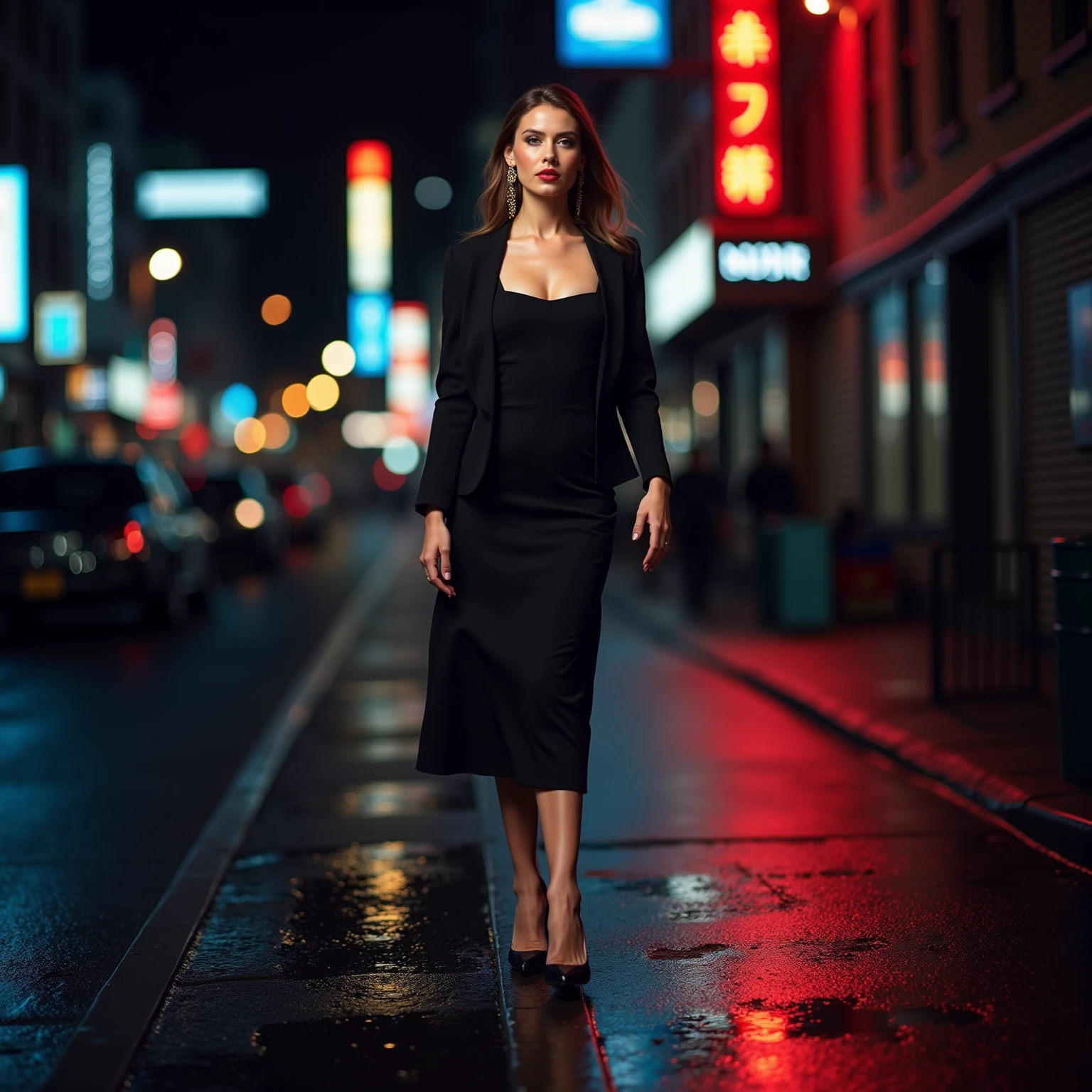 Portrait of a professional woman in the 1970s, Rainy Night，New York Office Building，full-body shot，High heel，Street light，Extremely detailed face, Low light, Perfect lighting, Nostalgia, ISO100, cinestill 800T, polarizing filter, Bright and bold colors, High-quality photos, Still frame from a movie