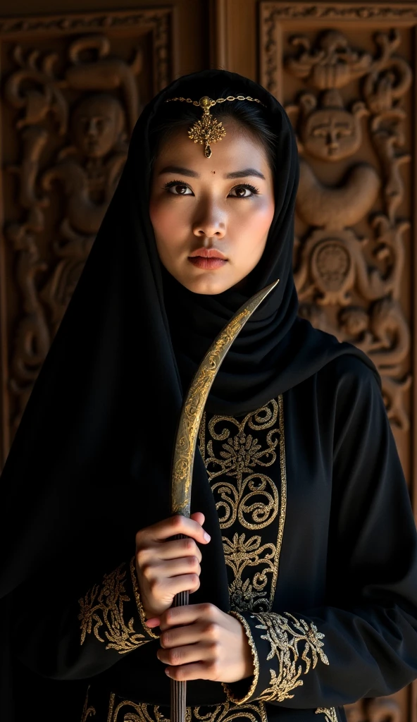 A beautiful Indonesian woman wearing a hijab and niqab is cupping her hands filled with jewelry and money.