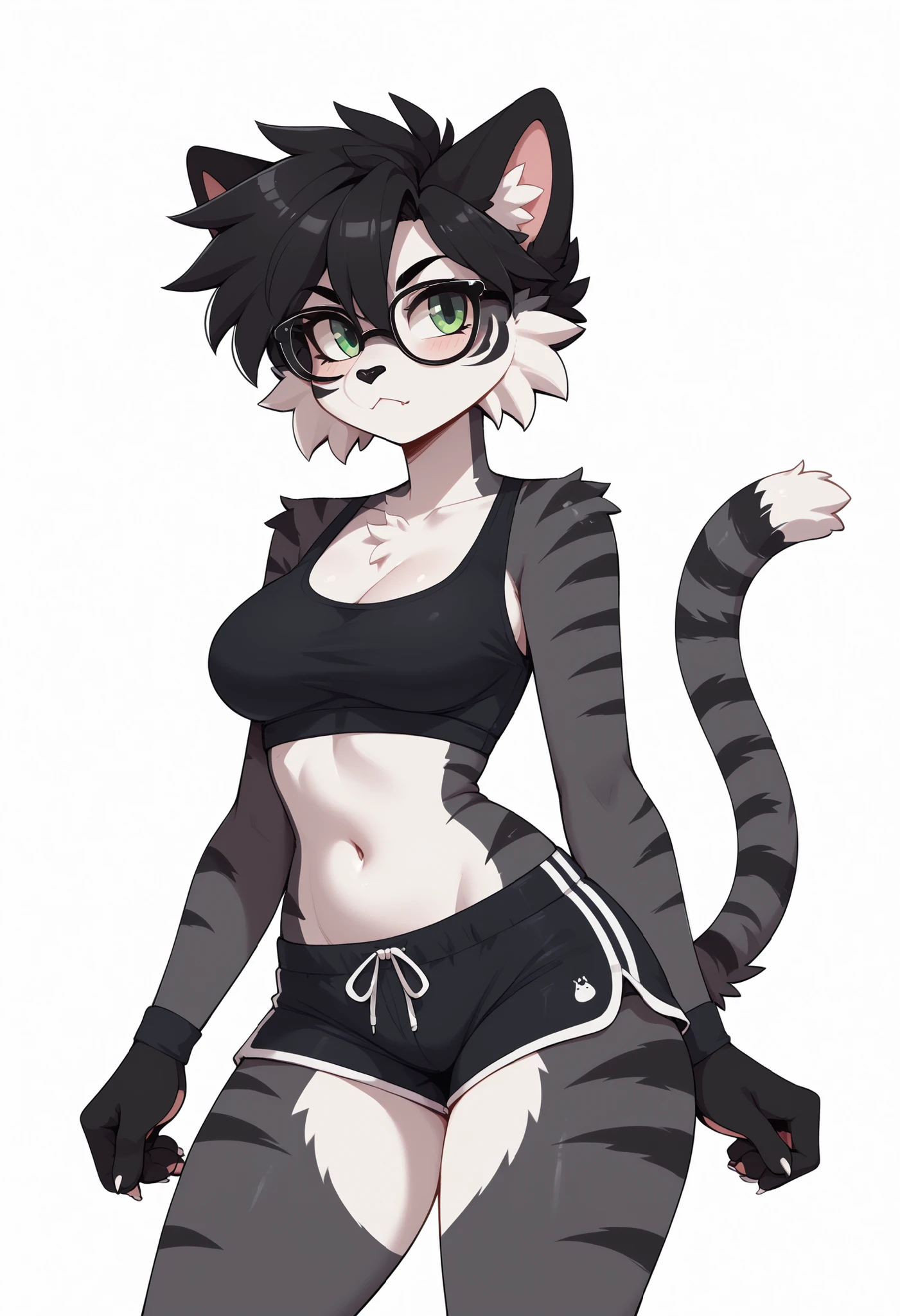 (Masterpiece) (High Detail) (High Res) A close up of a short, slim, curvy and cute fluffy black cat furry with Black and Dark Grey fur with black tiger stripes and white tummy fur and green eyes and a curvy effeminate shape and black spikey emo hair and thick thighs and curvy hips and a fluffy black stripy tail and a black cat nose and medium breasts. She is wearing glasses and has black spikey emo hair. She looks serious and shy and is wearing a crop top and sport shorts.