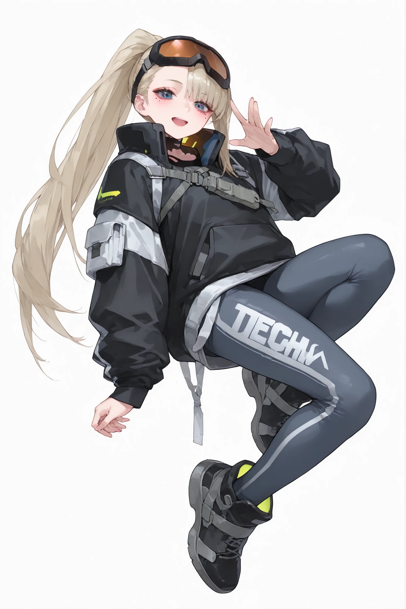 ,techwear cyberpunk fashion, 1girl, accessories, dynamic pose, rounded goggles on head, mole under eye,long sleeves, simple background, urban clothes, looking at viewer, very long sleeves, happy, (full body)