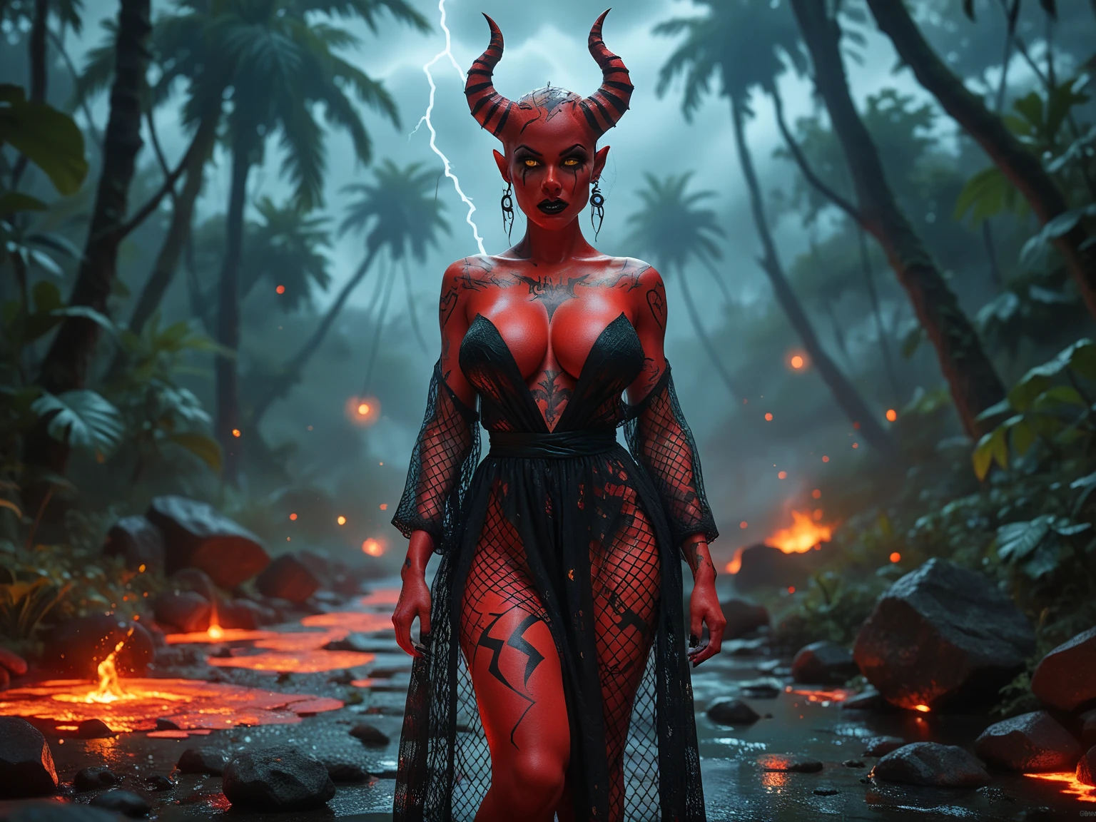 A photograph of a demon woman with mesmerizingly (ruby red skin), with hyper huge breast, she has horns, she has dreadlocks, possessing distinctive African American features. She stands confidently with her hands on her breast in a black 2 piece bikini, showcasing her voluptuous and curvy silhouette. The background is an otherworldly, fiery abyss, with swirling shadows and ethereal flames. The intense red glow of the environment accentuates her demonic allure. (Taken on: Professional DSLR, f/2.8, 50mm lens),aw0k magnstyle,aw0k euphoric style