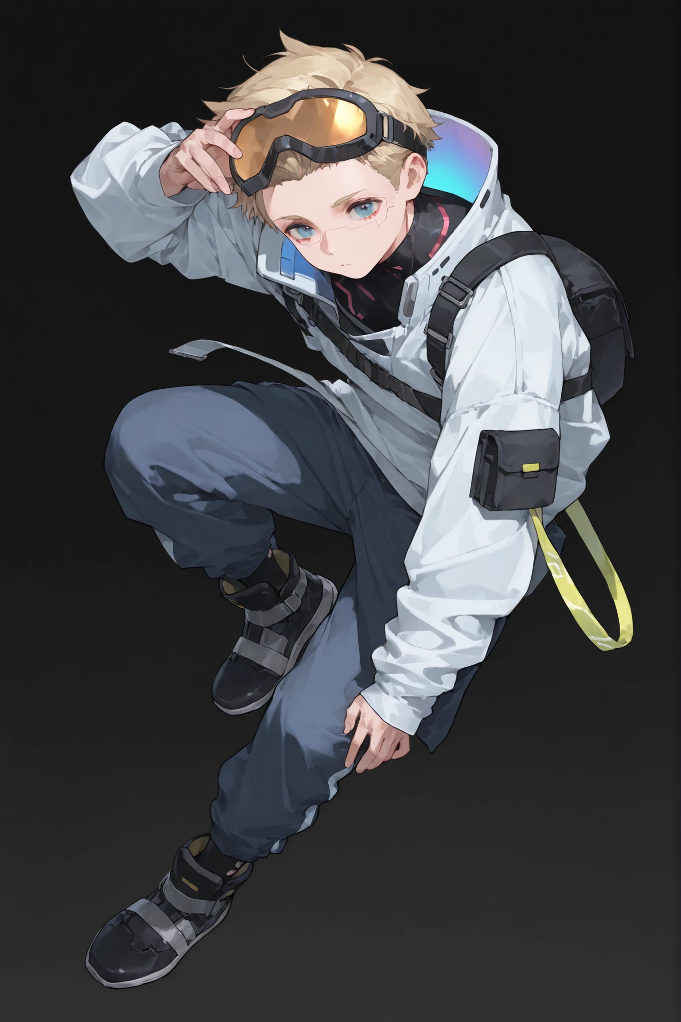 ,techwear cyberpunk fashion,1boy, accessories, dynamic pose, rounded goggles on head, long sleeves, simple background, urban clothes, looking at viewer, very long sleeves, (full body)