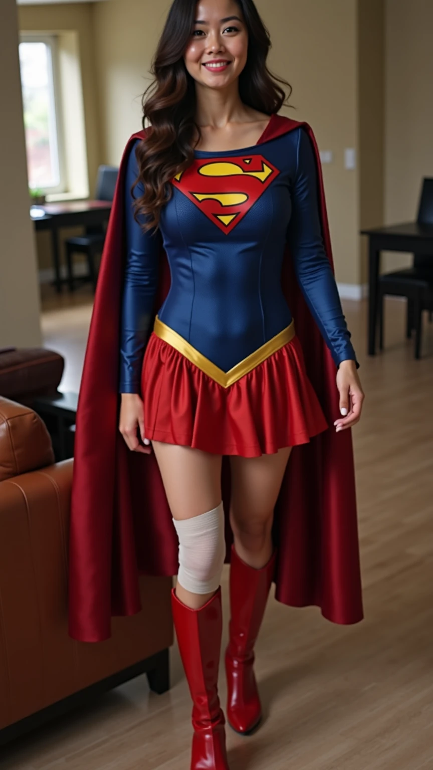 RAW, Best quality, high resolution, realistic, masterpiece: 1.3), Supergirl, black hair, perfect nose, perfect lips, perfect eyes, smiling, detail :1.2), supergirl in short red skirt, shinny blue skinsuit, full body image detail, watery eyes, RAW, Best quality, high resolution, masterpiece, duchenne smile, toothy smile, sitting high on the ledge of a building, spread legs wide open showing white lace panties, red skirt, show cameltoe, medium thick thigh, supergirl, outdoor Switzerland, cloudy weather, full body picture.