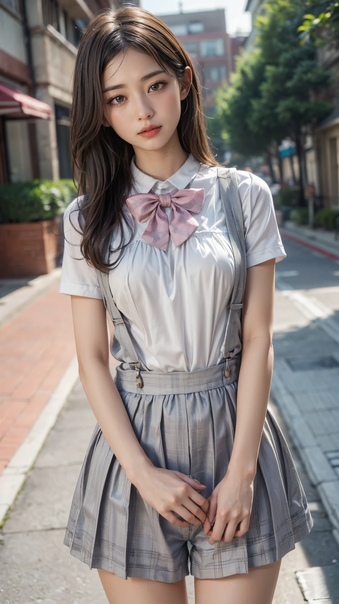 ((SFW: 1.4)), ((Detailed eyes and face, Professional photography)), ((SFW, A cute patterned apron over the uniform:1.2, middle School girls)), Ultra-high resolution, (Realistic: 1.4), RAW Photos, highest quality, (PhotoRealistic Stick), concentrated, Soft Light, (()), ((Japanese)), (((Young Face))), (surface), (Depth of written boundary), masterpiece, (Realistic), woman, (Beautiful breasts:1.2), ((Short Hair, Straight Hair)), ((1 girl)), ((Gaze at the viewer:1.35, blush:1.2)), Cute Smile