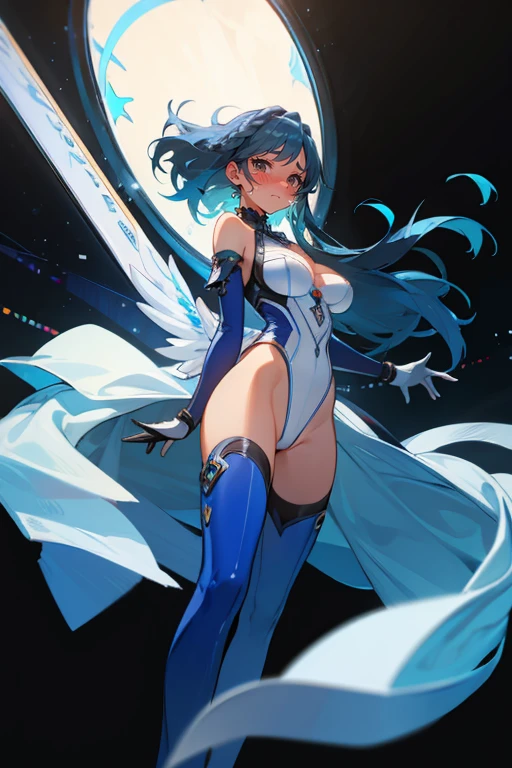 best quality,ultra detailed,solo, ulvida,dark-blue hair,white hair,two-tone hair,big breasts,bodysuit,
standing,(behind view,portrait),full body,