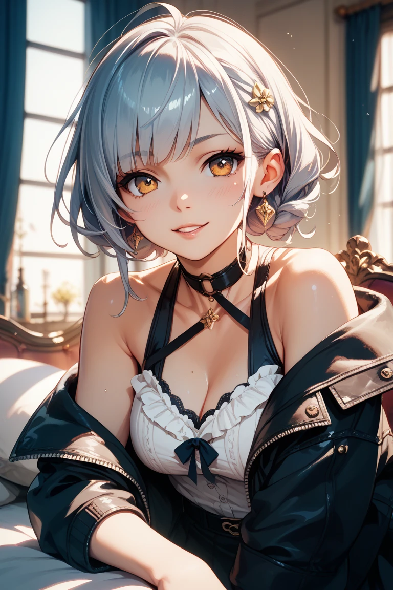 Realistic image, A consistent image, Detailed Images, 1 beautiful girl. She has short light blue hair that reaches her shoulders.、The bangs reach down to the eyebrows。. On top of the bangs, Yura is wearing a black headband and a hairpin on her left side.。. purplish yellow eyes, Long eyelashes. Her face is oval and delicate.. Smile seductively. ((She's wearing a shirt that exposes her chest)), Jeans Shorts, Thigh-length stockings. She has a curvaceous figure, Medium bust and thick thighs. Surrounded by European shops, Petals falling. Natural light in front, Volumetric lighting
