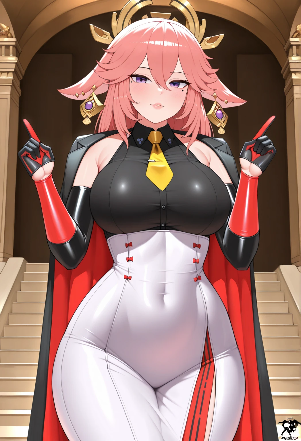 sonic the hedgehog (series),(evil amy rose),1girl, breasts, jewelry, choker, red_eyes, solo, evil_smile, huge_breasts, long_hair, cleavage, bracelet, thighhighs, looking_at_viewer, red_hair, black_choker, thighs, horns, shiny, earrings, gloves, collarbone, jacket, thick_thighs, black_legwear, shiny_skin, lipstick, makeup, thigh_boots, cowboy_shot, bodysuit, curvy, black_leotard, holding, leotard, covered_navel, elbow_gloves, lips, highleg, standing, red_background, wide_hips, simple_background, skin_tight, shiny_clothes, hoop_earrings, shiny_hair, eyelashes, long_sleeves, bangs, black_jacket, boots, open_clothes, thick_eyebrows, bangle, parted_lips, zipper, pale_skin, microphone, covered_, parted_bangs, skindentation, collar, ahoge, latex, demon_horns Satou Kuuki art, Satou Kuuki style, Satou Kuuki illustration