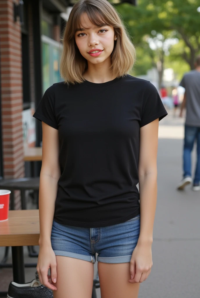 mjw2023, 1girl, 8k, best quality, trending on arstation, masterpiece, black top, jeans, looking at viewer, 5 fingers, bangs. long auburn hair, green eyes, cute smile