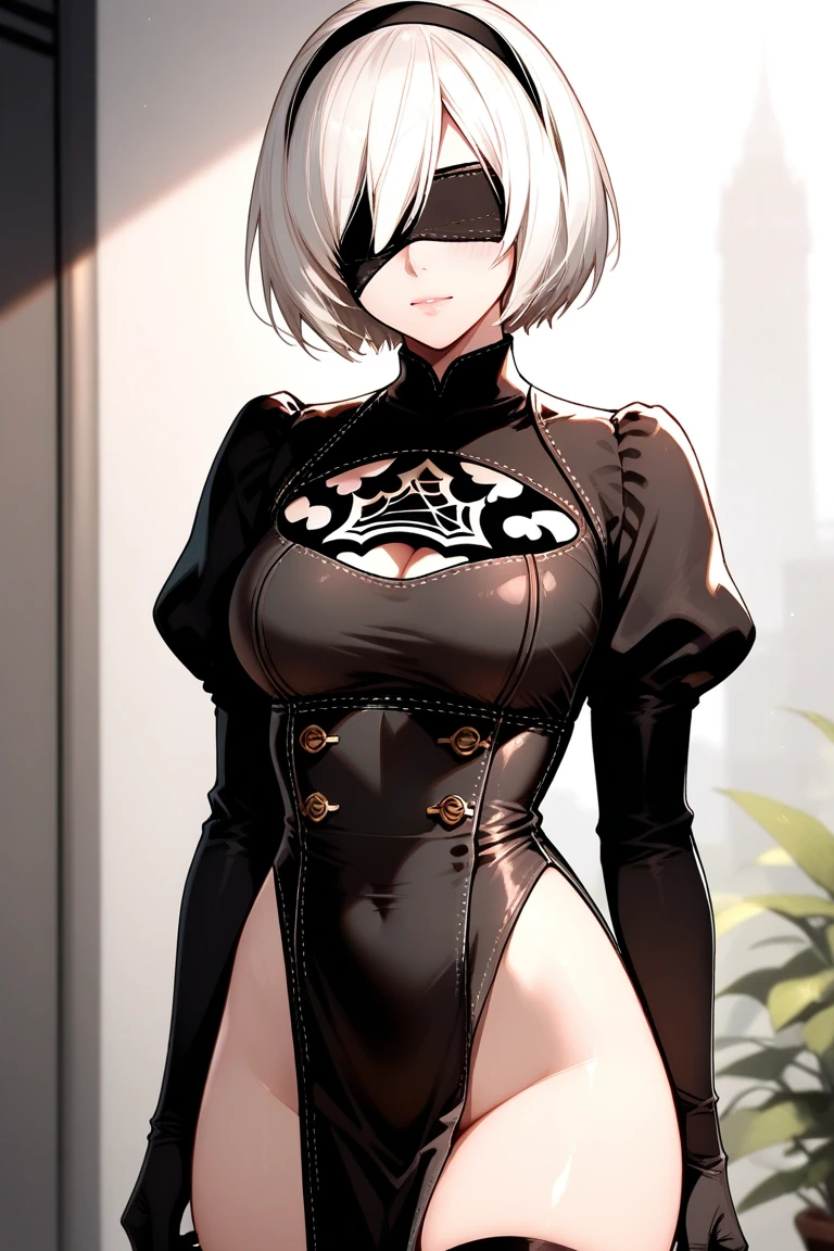 1 girl(YoRHa 2-gou B-gata "2B" - Nier: Automata), (black blindfold:1.5), black hairband, blindfold, hairband, short hair, white hair, beautiful detailed lips, extremely detailed face, longeyelashes, detailed skin, slender sexy body, toned skin, sharp facial features, high cheekbones, long elegant legs, crouching pose, (best quality,4k,8k,highres,masterpiece:1.2),ultra-detailed,(realistic,photorealistic,photo-realistic:1.37),cinematic lighting,dramatic lighting,dramatic shadows,high contrast,chiaroscuro,moody,sensual,erotic,nsfw