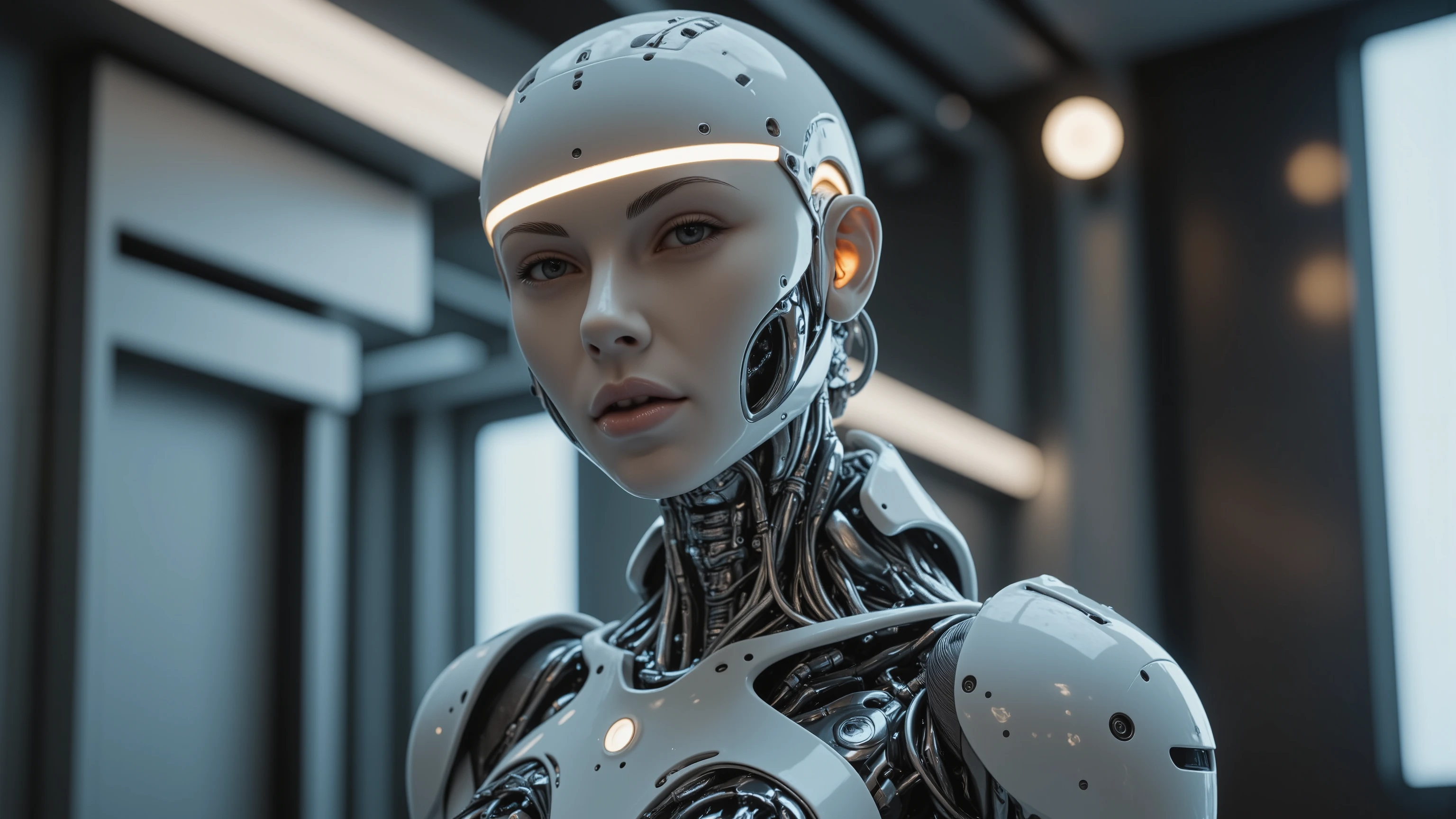 A stunning full-body portrait of a young woman, blending human and cybernetic features. She stands tall, her porcelain-like face glowing with soft studio light, accentuated by a rim light on the hairline. Robotic parts seamlessly integrated into her body, with wires and microchips visible beneath her skin. Her facial muscles subtly contorted in a serene expression, as if processing information. Cable electric wires tracing along her arms, merging with the intricate details of her hands. Hyperrealistic rendering captures every pore, eyelash, and lip detail, making it seem almost lifelike. Perfectly framed within a H. R. Giger-inspired cyberpunk setting, this masterpiece exemplifies photorealism in its purest form, worthy of UHD, HDR, and 16K resolution.